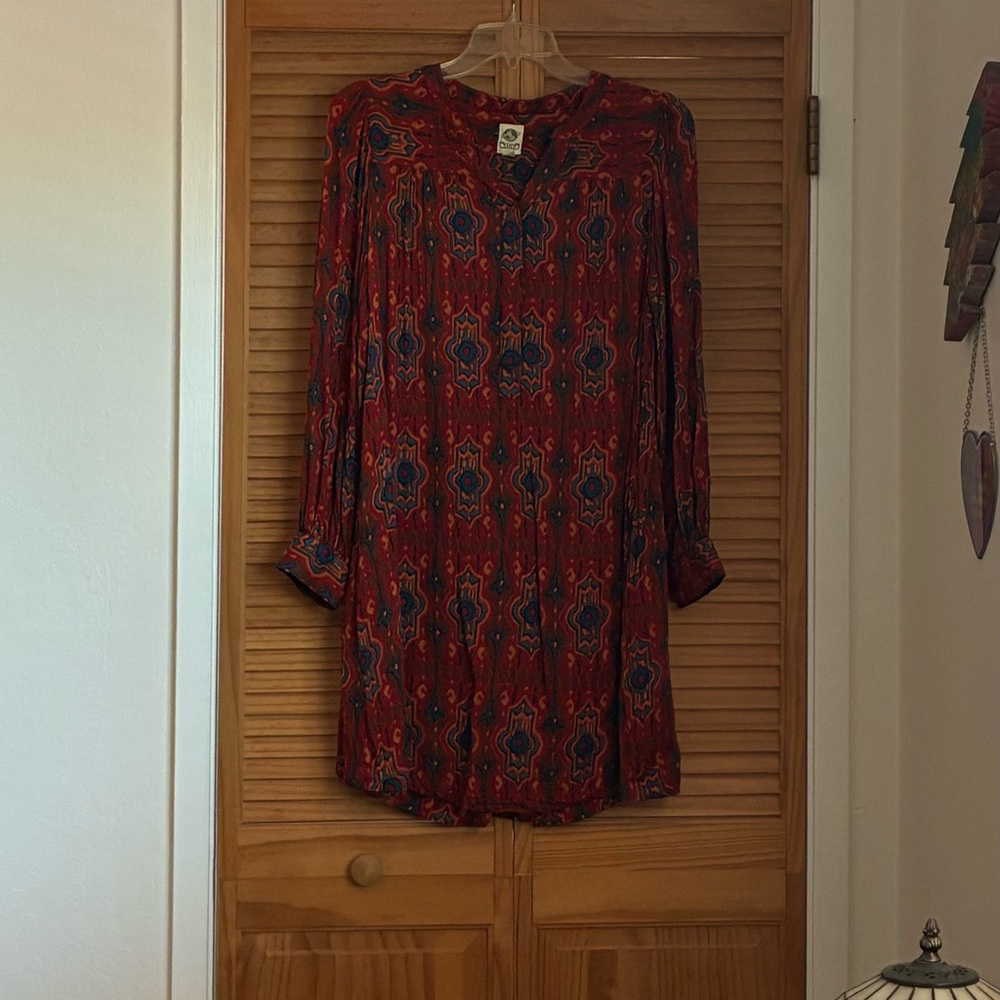 Vibrant Red and Blue Patterned Tunic Dress